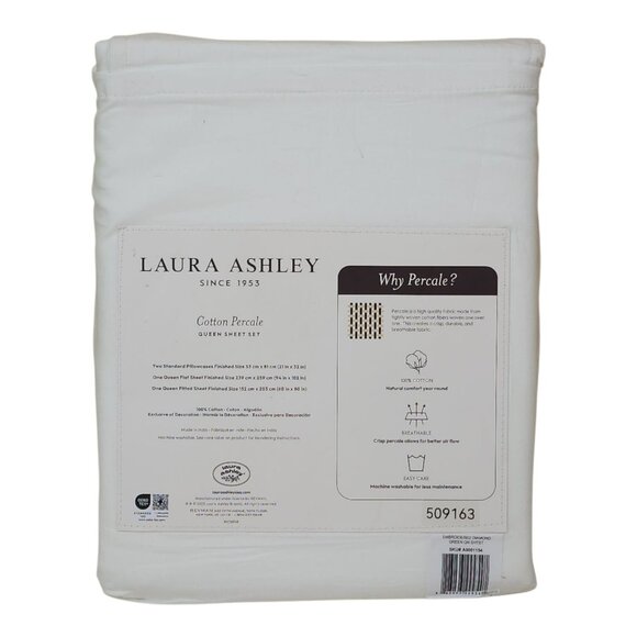 Laura Ashley Queen Sheet Set Cotton Percale Green Heart Embroider Cool Air Flow - Picture 5 of 10